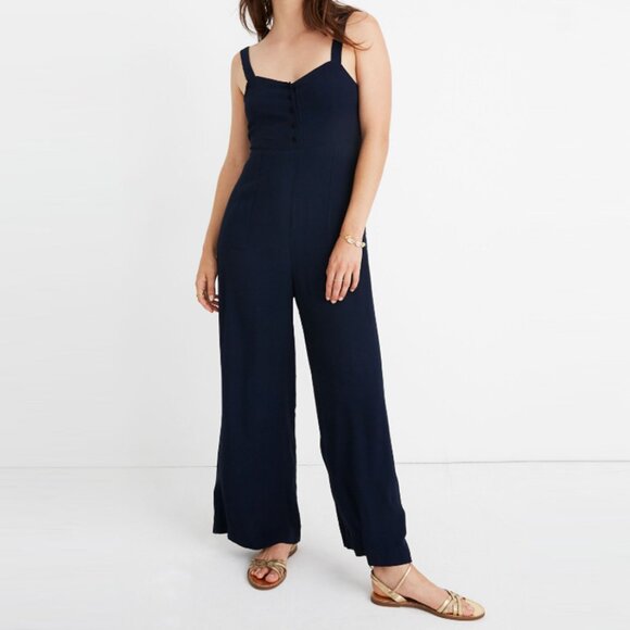 Madewell | Navy Blue Button-Front Wide-Leg Jumpsuit - Picture 1 of 10